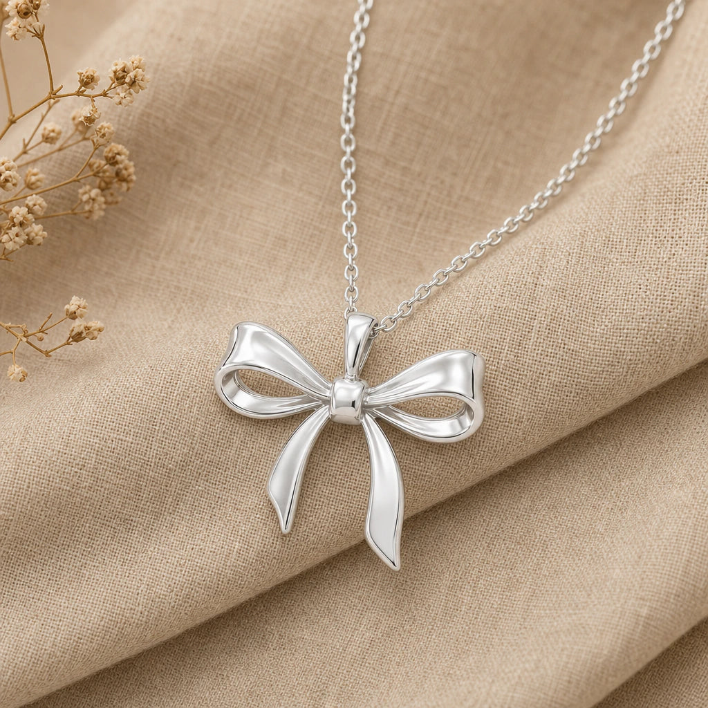 Elegant Ribbon Bow Pendant Necklace in sterling silver