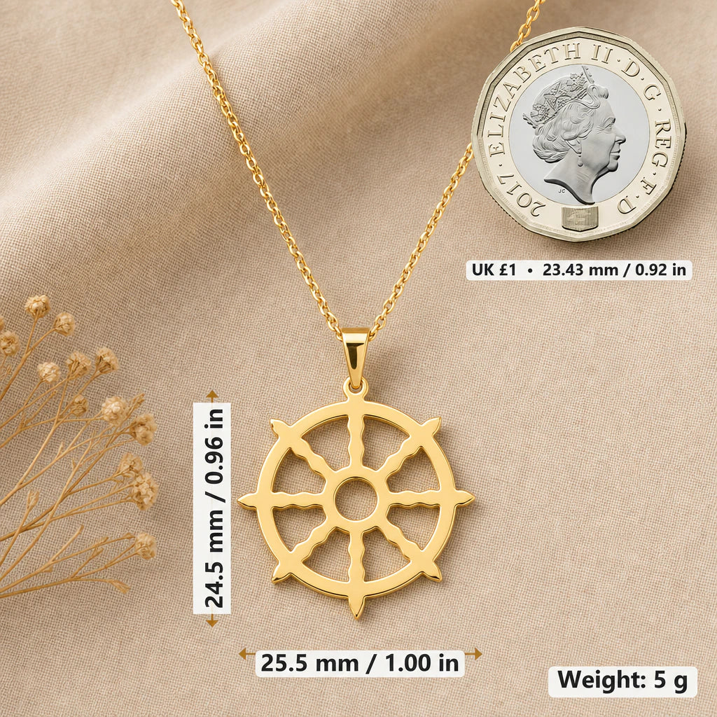 Dharma Wheel Pendant Necklace size guide, 24.5 by 25.5 mm