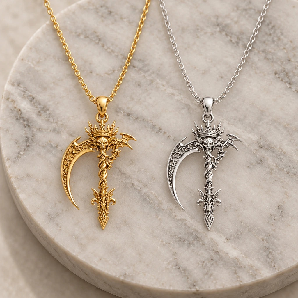 Royal Scythe pendant necklace in silver and gold finishes side by side