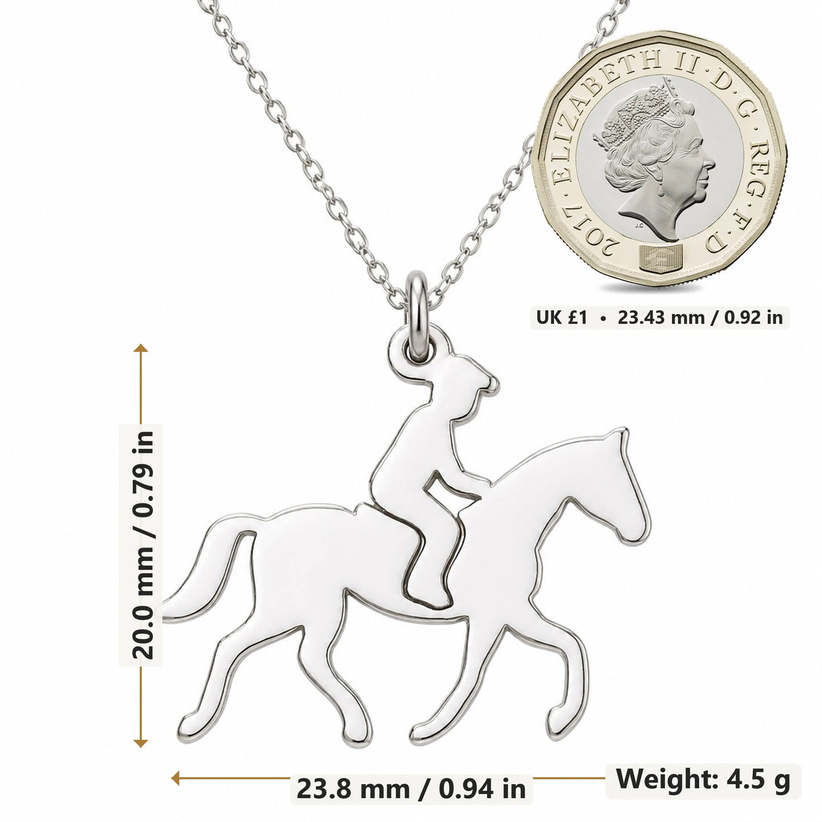 Horse Rider pendant necklace size image showing 20.0 mm height, 23.8 mm width and 4.5 g weight