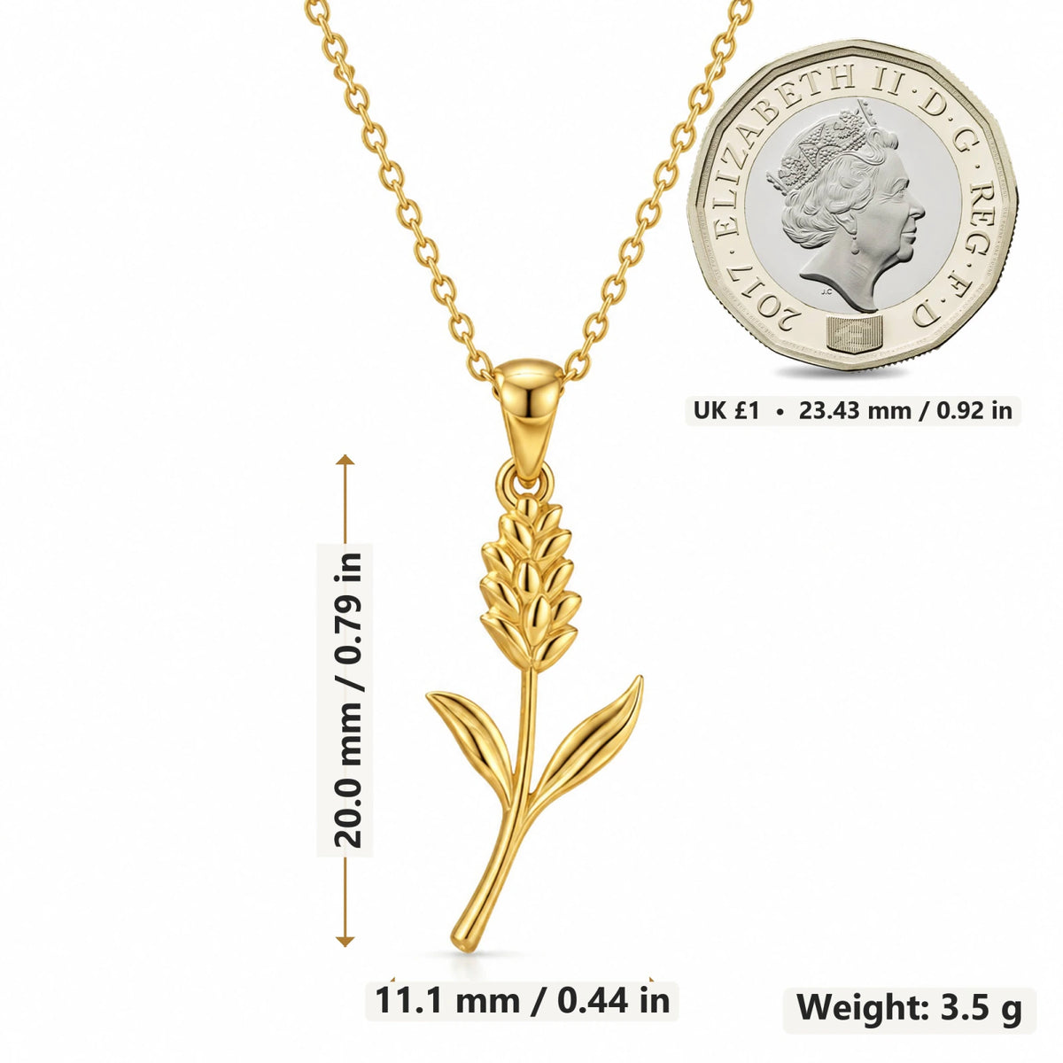 Statice Flower pendant necklace size image showing 20 mm height and 11.1 mm width and 3.5 g weight