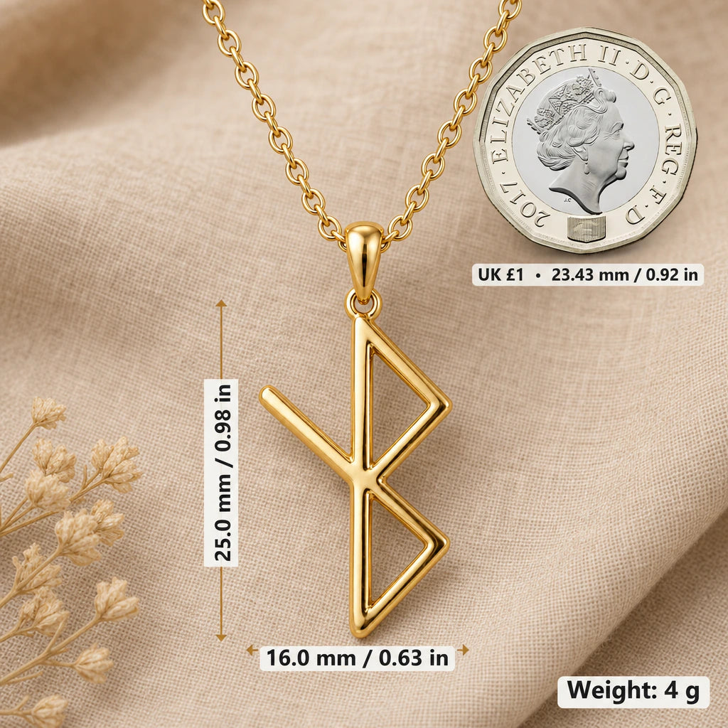 Viking Healing Rune Pendant Necklace size guide, 25 by 16 mm
