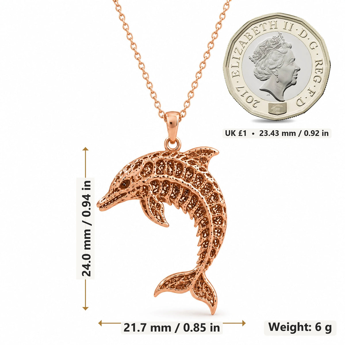 Fossil Dolphin Artifact pendant necklace size image showing 24.0 mm height, 21.7 mm width and 6 g weight