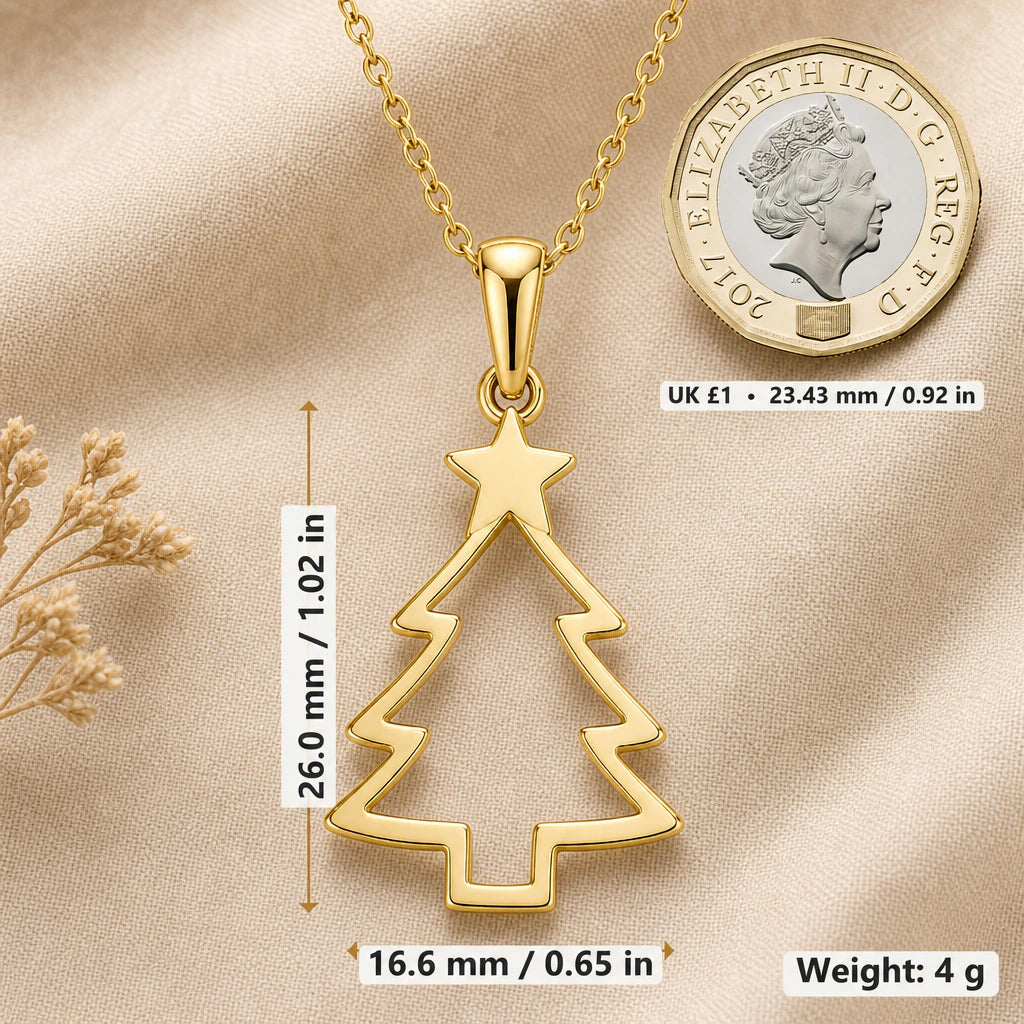 Minimalist Star Christmas Tree Pendant Necklace size guide, 26 by 16.6 mm