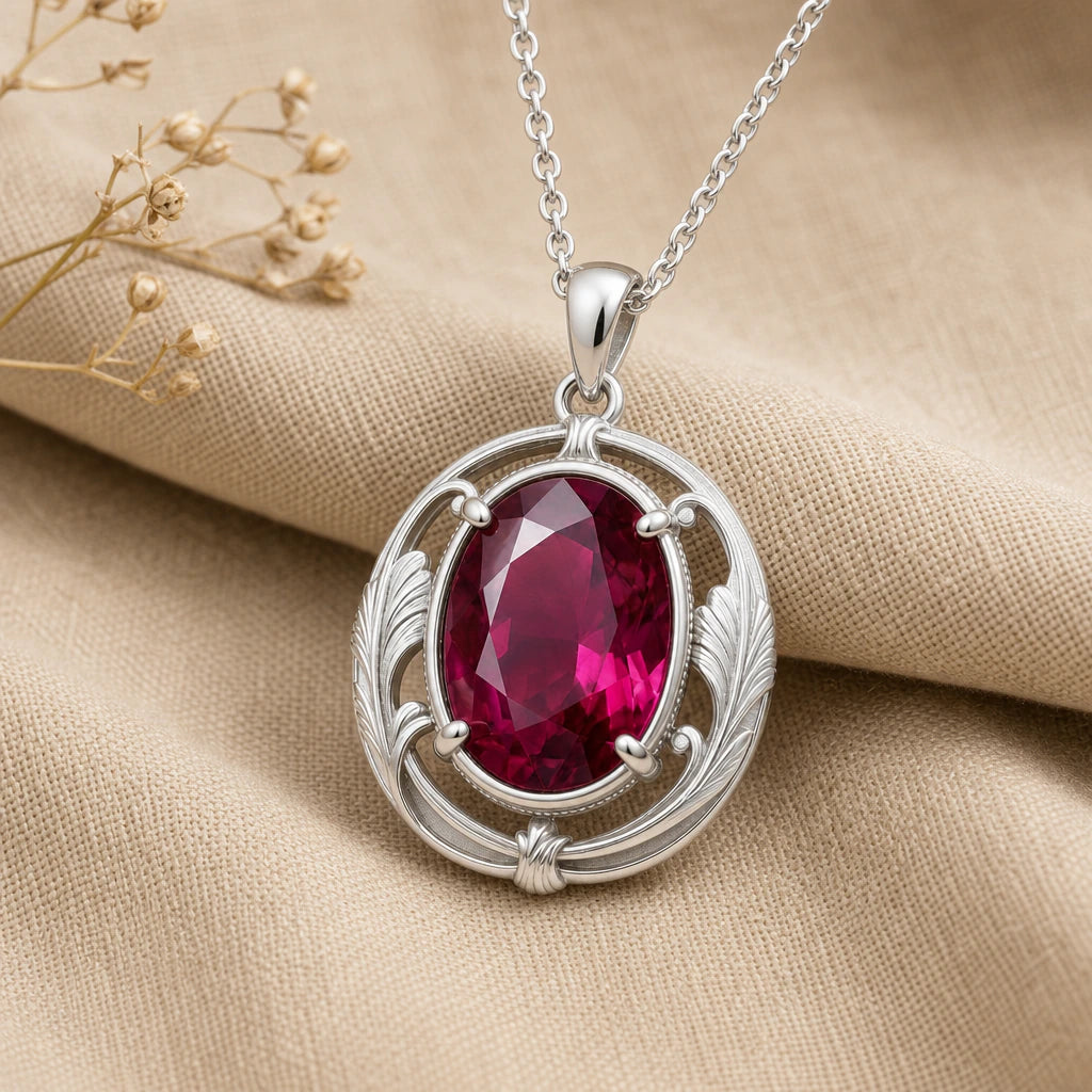 Art Nouveau Oval Vintage Birthstone Pendant Necklace in sterling silver, second view