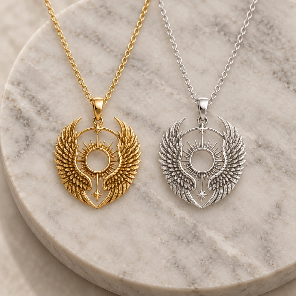 Seraph Wing Halo pendant necklace in silver and gold finishes side by side