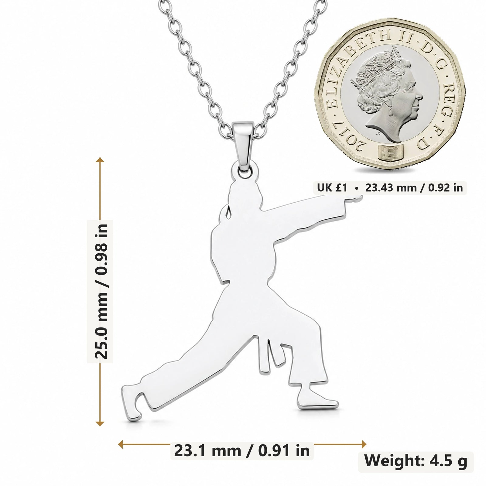 Karate Fighter pendant necklace size image showing 25.0 mm height, 23.1 mm width and 4.5 g weight