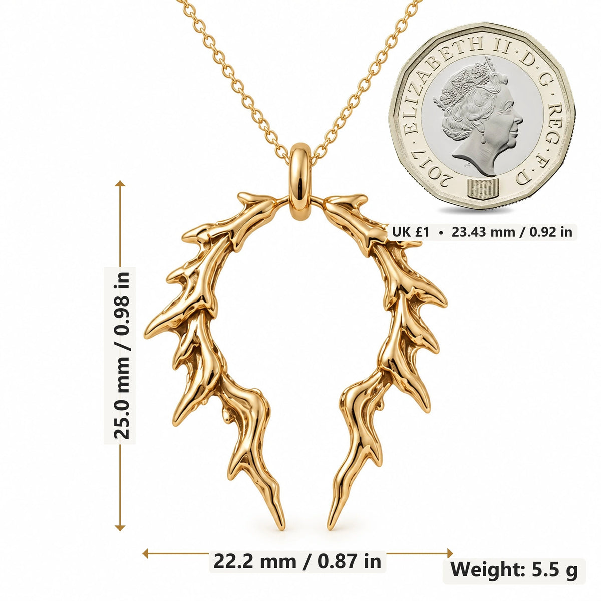 Broken Halo Thorn pendant necklace size image showing 25.0 mm height, 22.2 mm width and 5.5 g weight