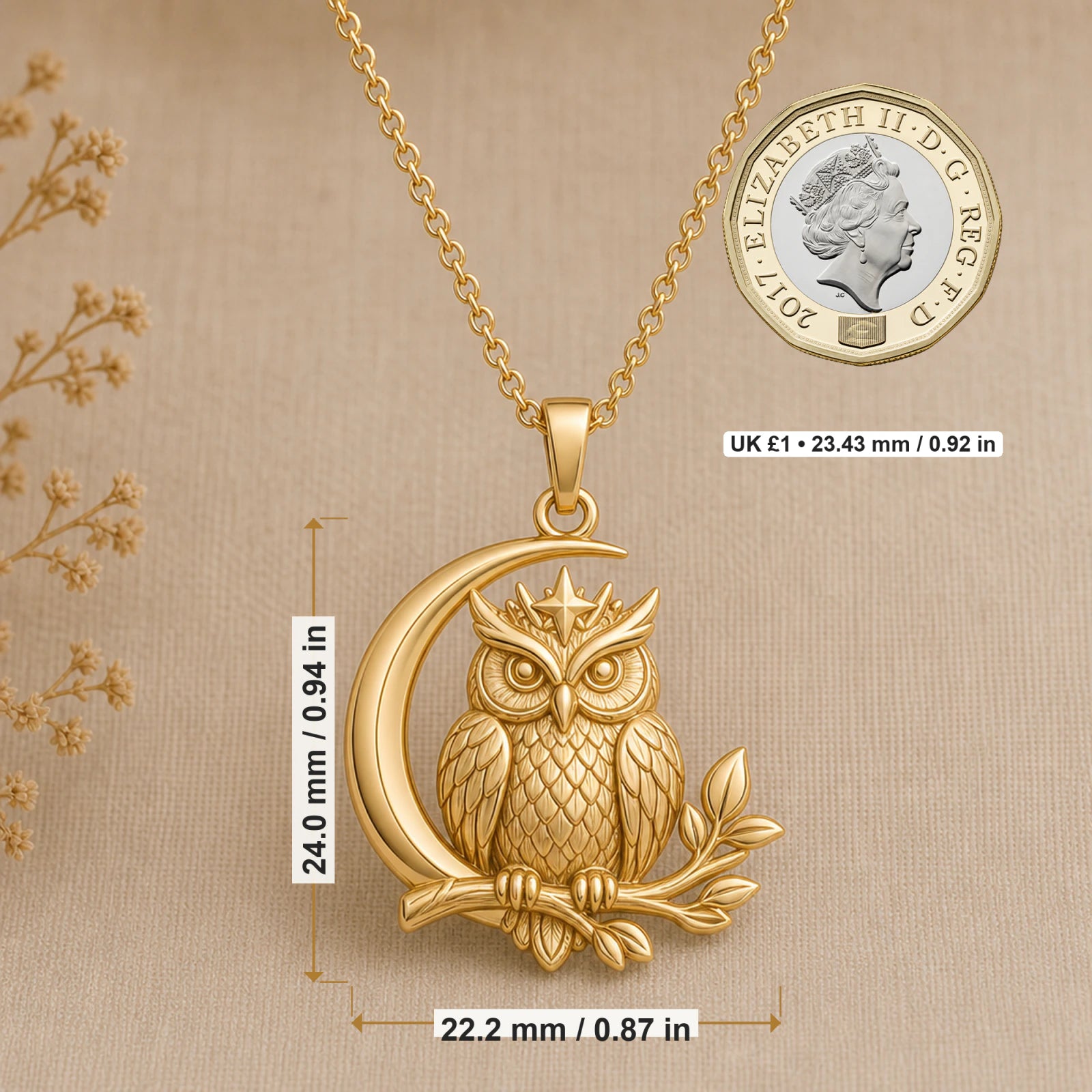 Moon Owl pendant necklace size image showing 24 mm height and 22.2 mm width