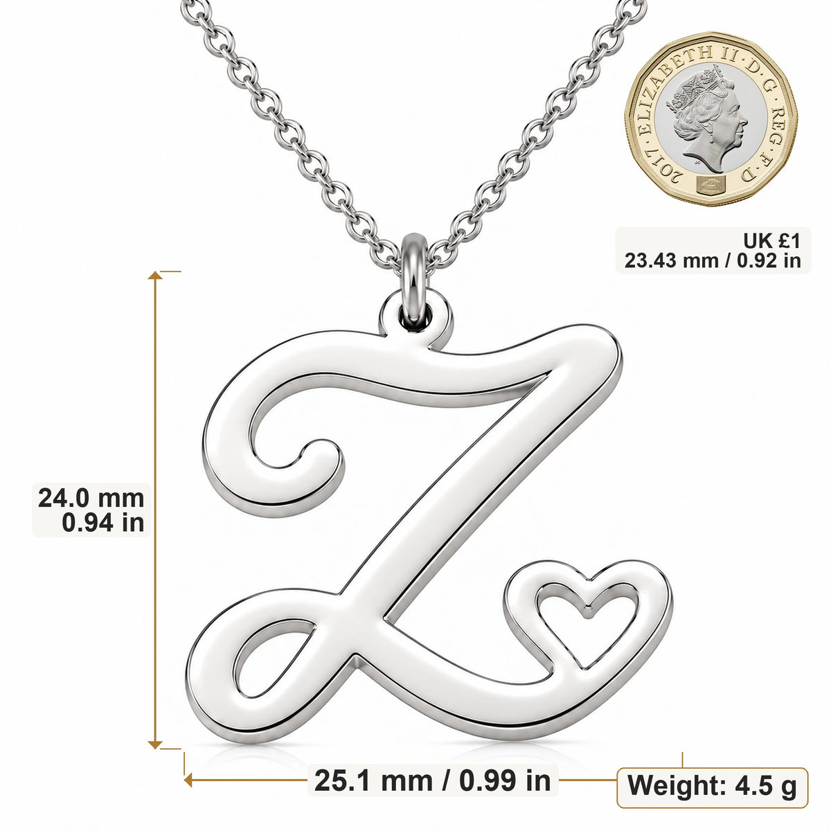 Z Initial Heart pendant necklace size image showing 24 mm height and 25.1 mm width and 4.5 g weight