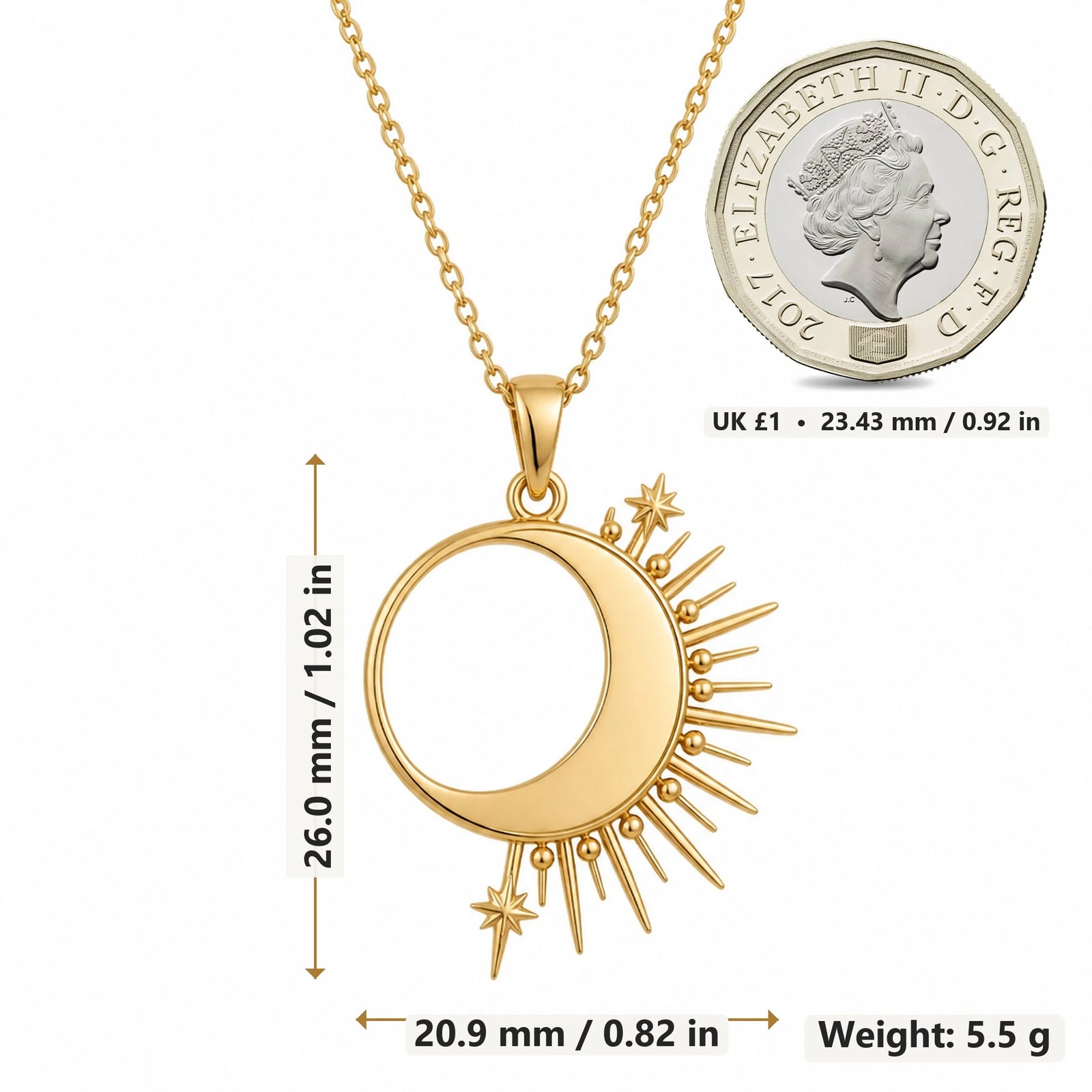 Solar Eclipse Crescent pendant necklace size image showing 26.0 mm height, 20.9 mm width and 5.5 g weight