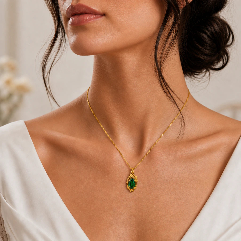 Vine Ring Teardrop Birthstone Pendant Necklace worn, second view
