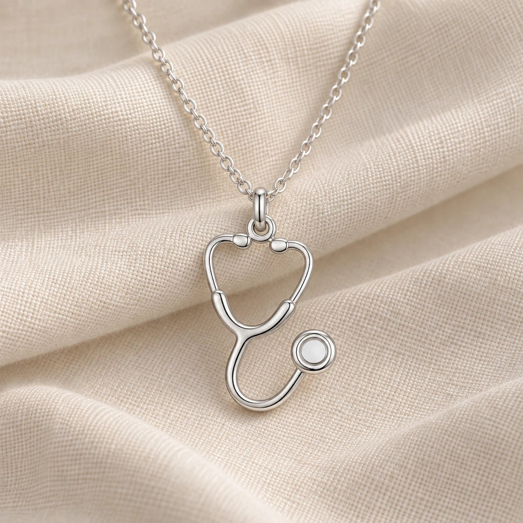 925 sterling silver doctor stethoscope pendant necklace on cream fabric