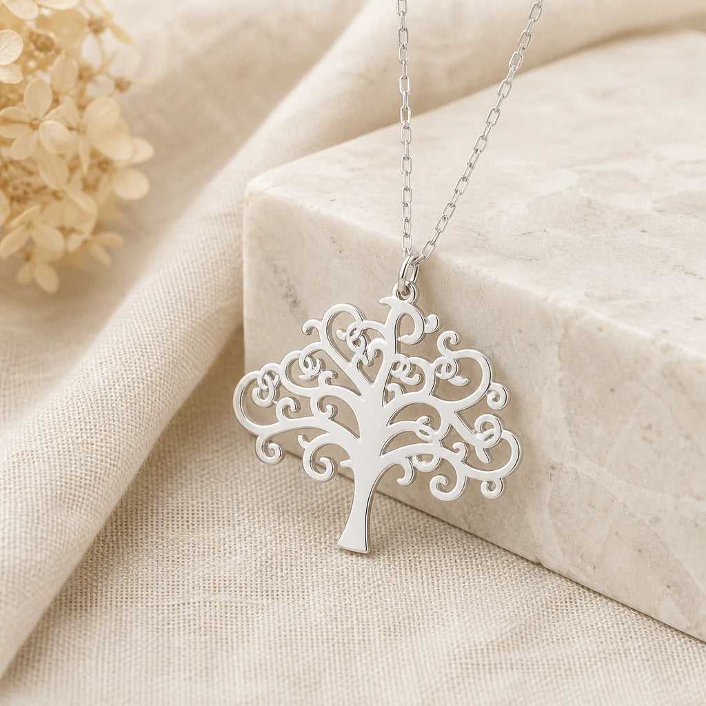925 sterling silver swirling tree of life pendant necklace on softly folded cream linen
