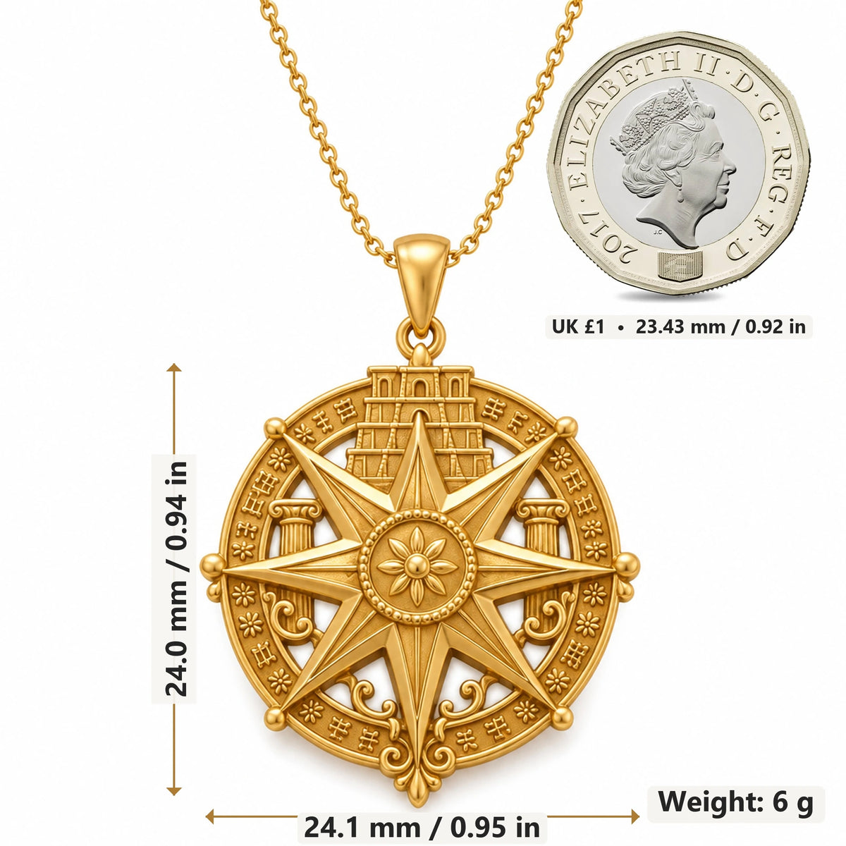 Babylon Star Medallion pendant necklace size image showing 24.0 mm height, 24.1 mm width and 6 g weight
