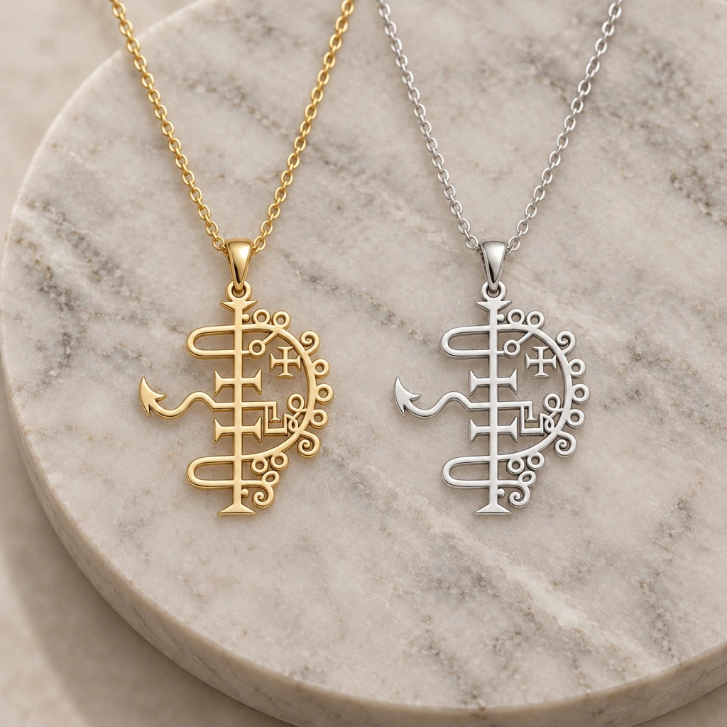 Asmoday Sigil pendant necklace in silver and gold finishes side by side