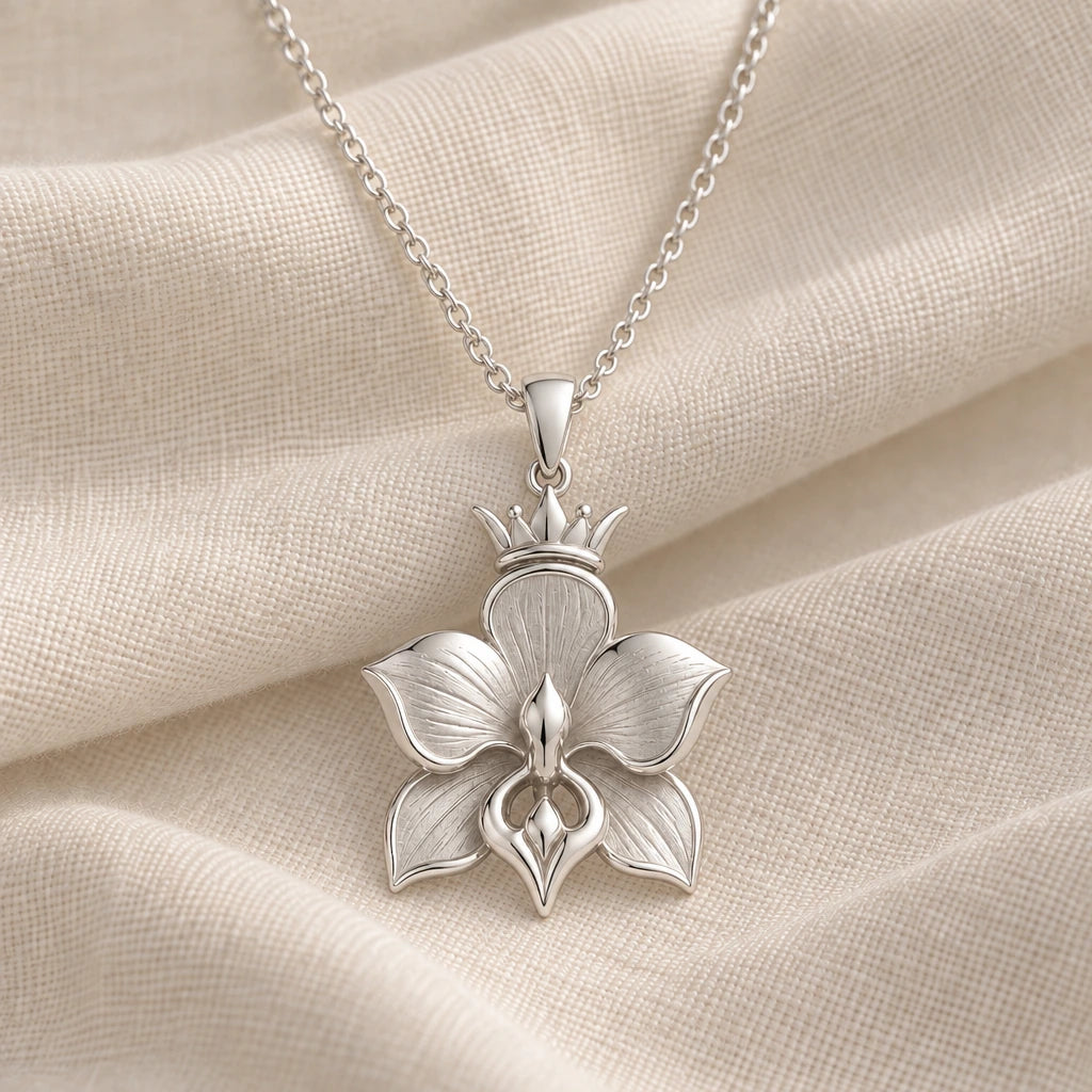 925 sterling silver crowned orchid pendant necklace on cream fabric