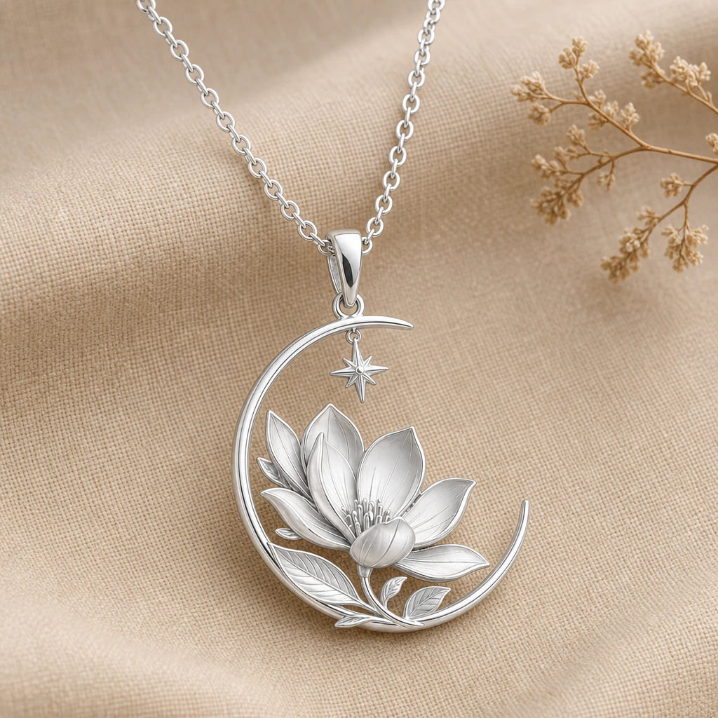 Royal Magnolia Crescent Moon Pendant Necklace in sterling silver, second view