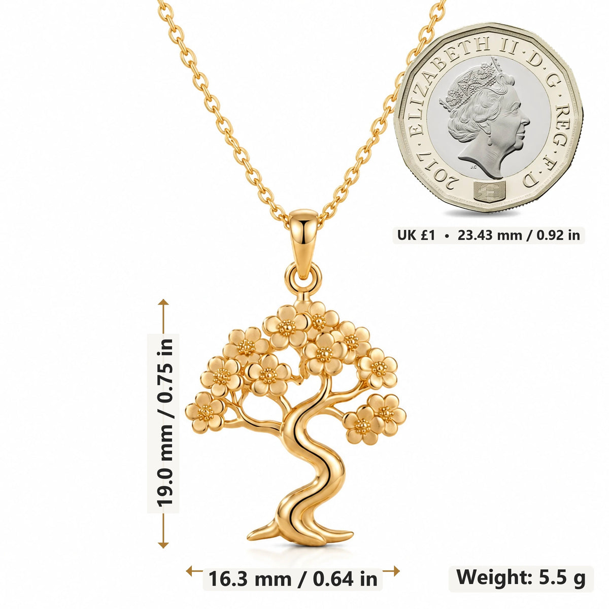 Sakura Cloud Bonsai pendant necklace size image showing 19.0 mm height, 16.3 mm width and 5.5 g weight