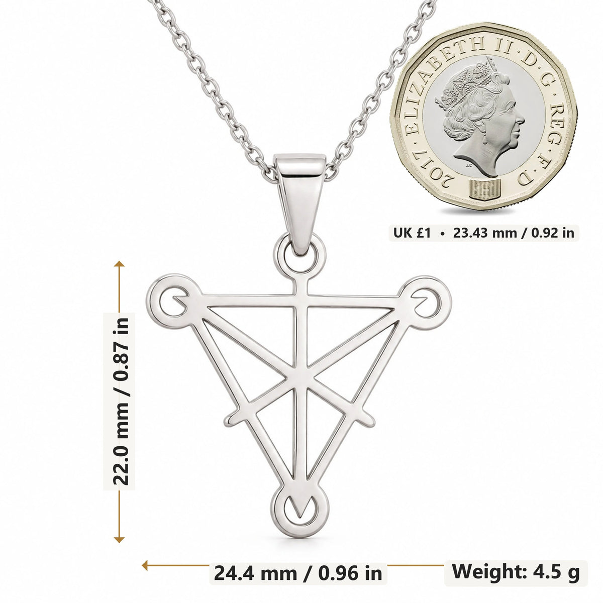 Tetractys Symbol pendant necklace size image showing 22.0 mm height, 24.4 mm width and 4.5 g weight