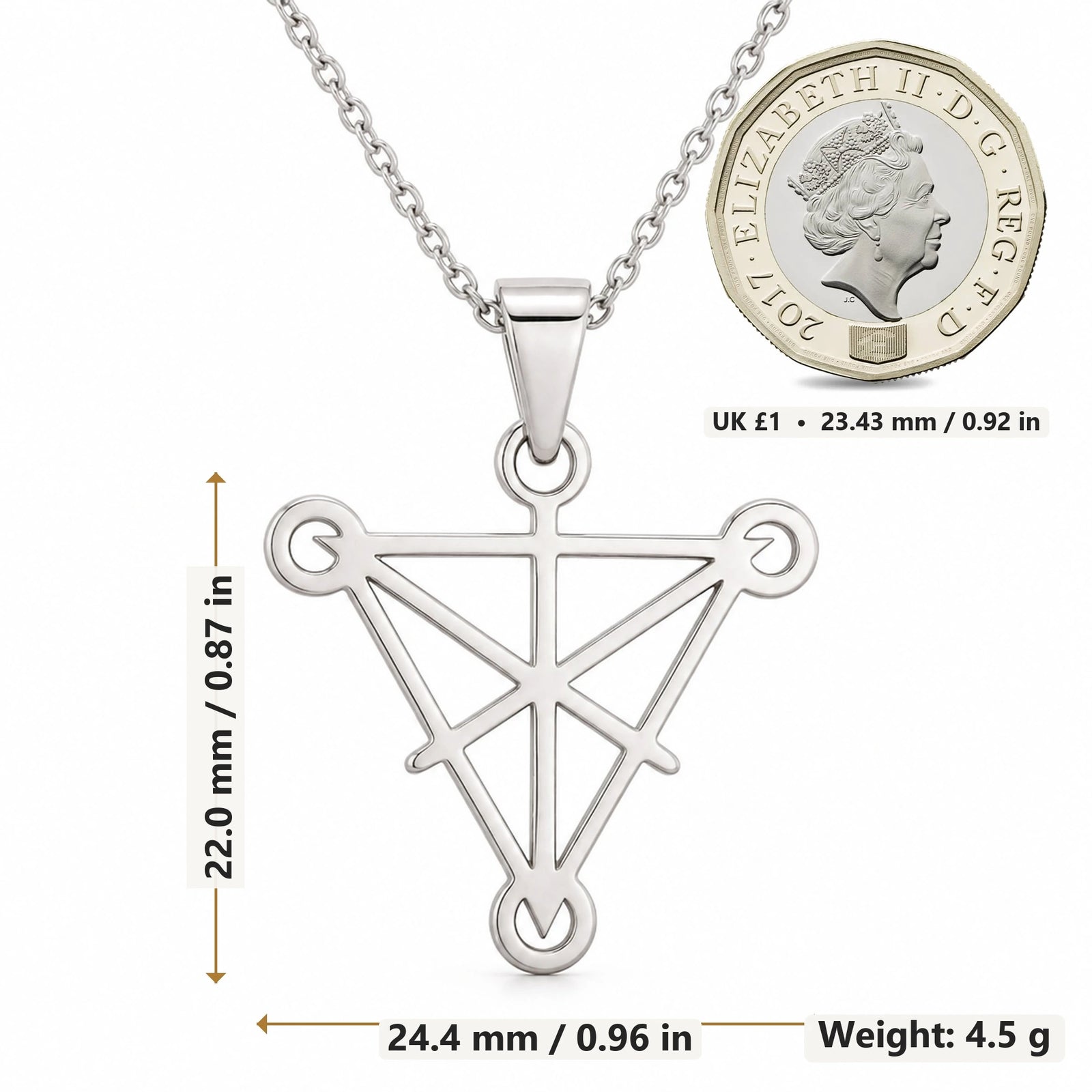 Tetractys Symbol pendant necklace size image showing 22.0 mm height, 24.4 mm width and 4.5 g weight
