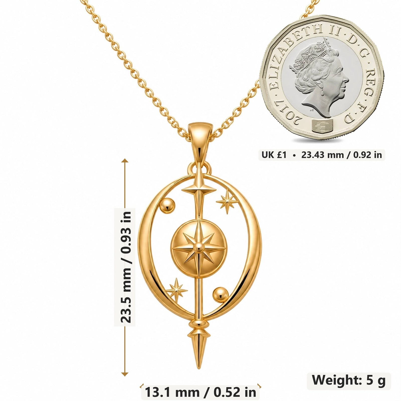 Celestial Barrier Orbit pendant necklace size image showing 23.5 mm height, 13.1 mm width and 5 g weight