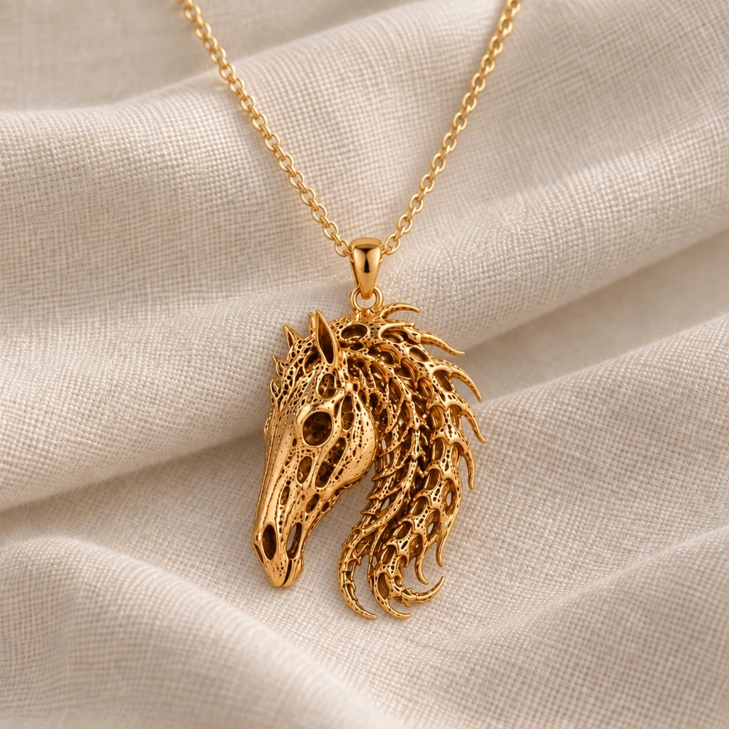 Sacred Horse Skull Relic pendant necklace in an 18k gold plated finish