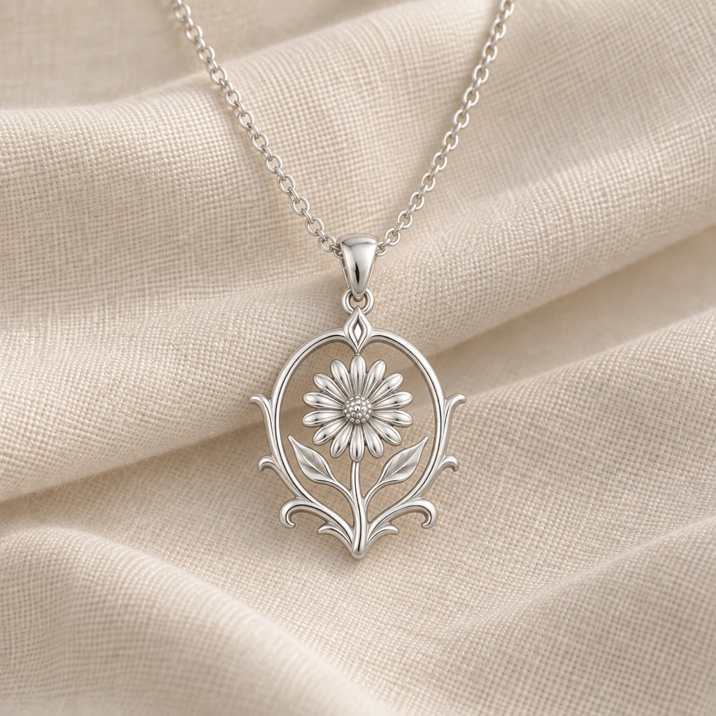 925 sterling silver eternal daisy crest pendant necklace on cream fabric