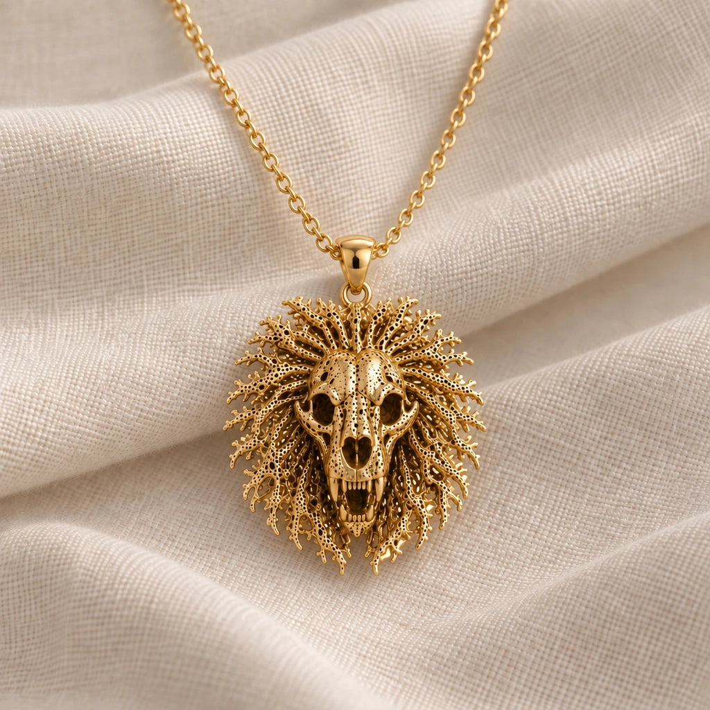 Ancient Lion Skull Crest pendant necklace in an 18k gold plated finish
