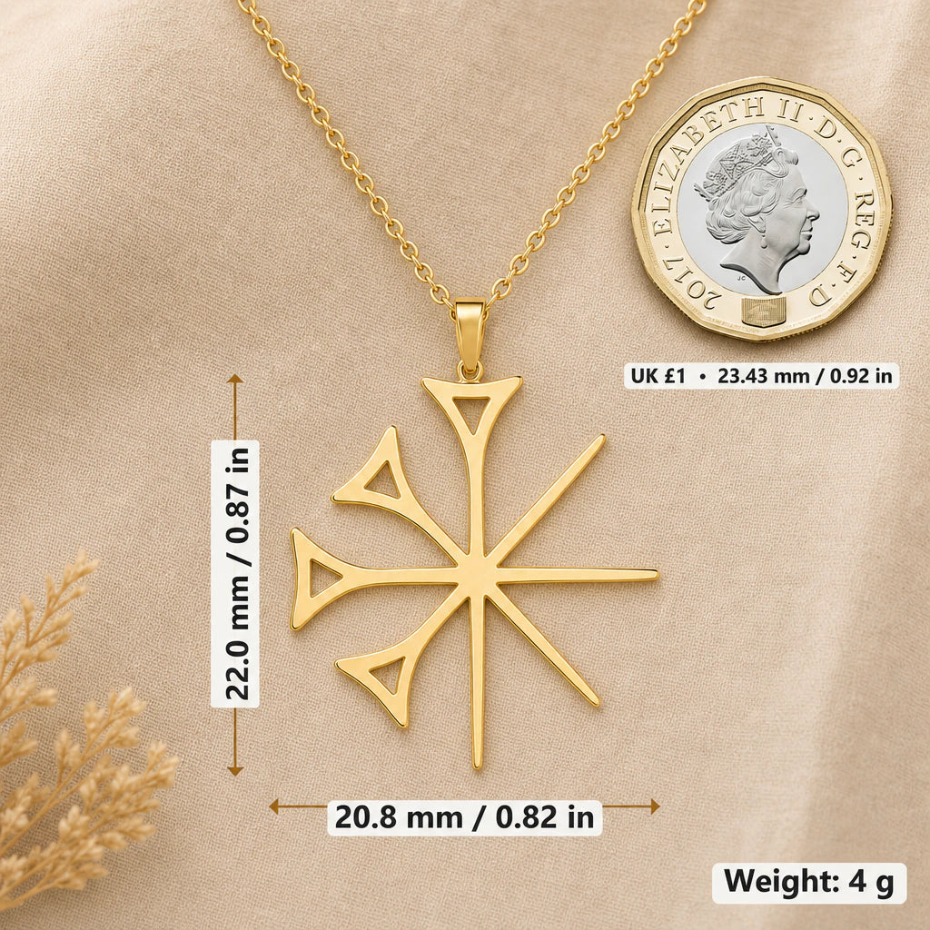 Sumerian Dingir Star Symbol Pendant Necklace size guide, 22 by 20.8 mm