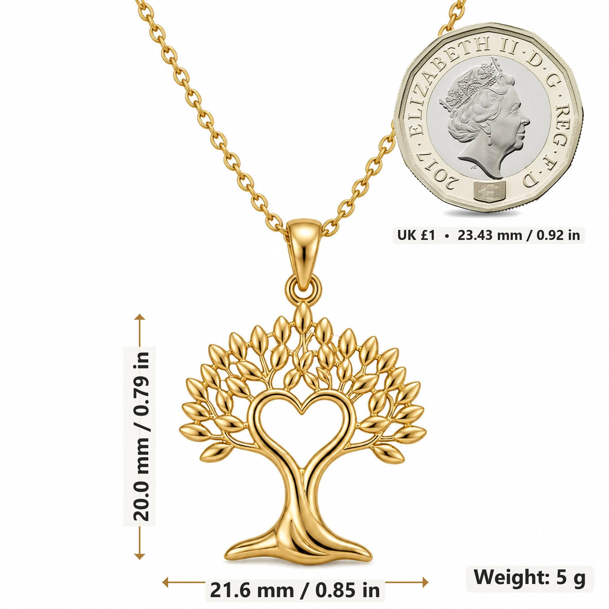 Bodhi Spirit Heart Tree pendant necklace size image showing 20.0 mm height, 21.6 mm width and 5 g weight