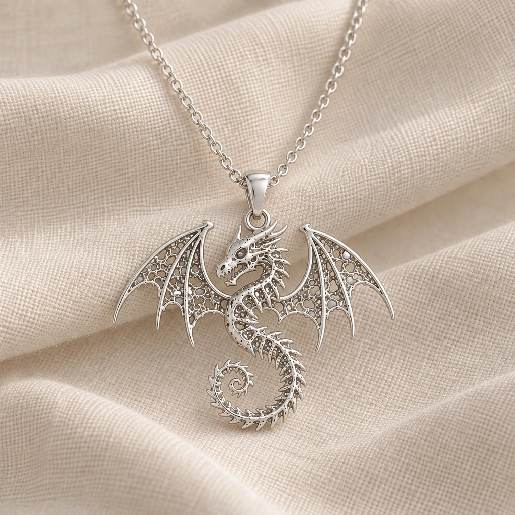 925 sterling silver ancient dragon fossil pendant necklace on cream fabric