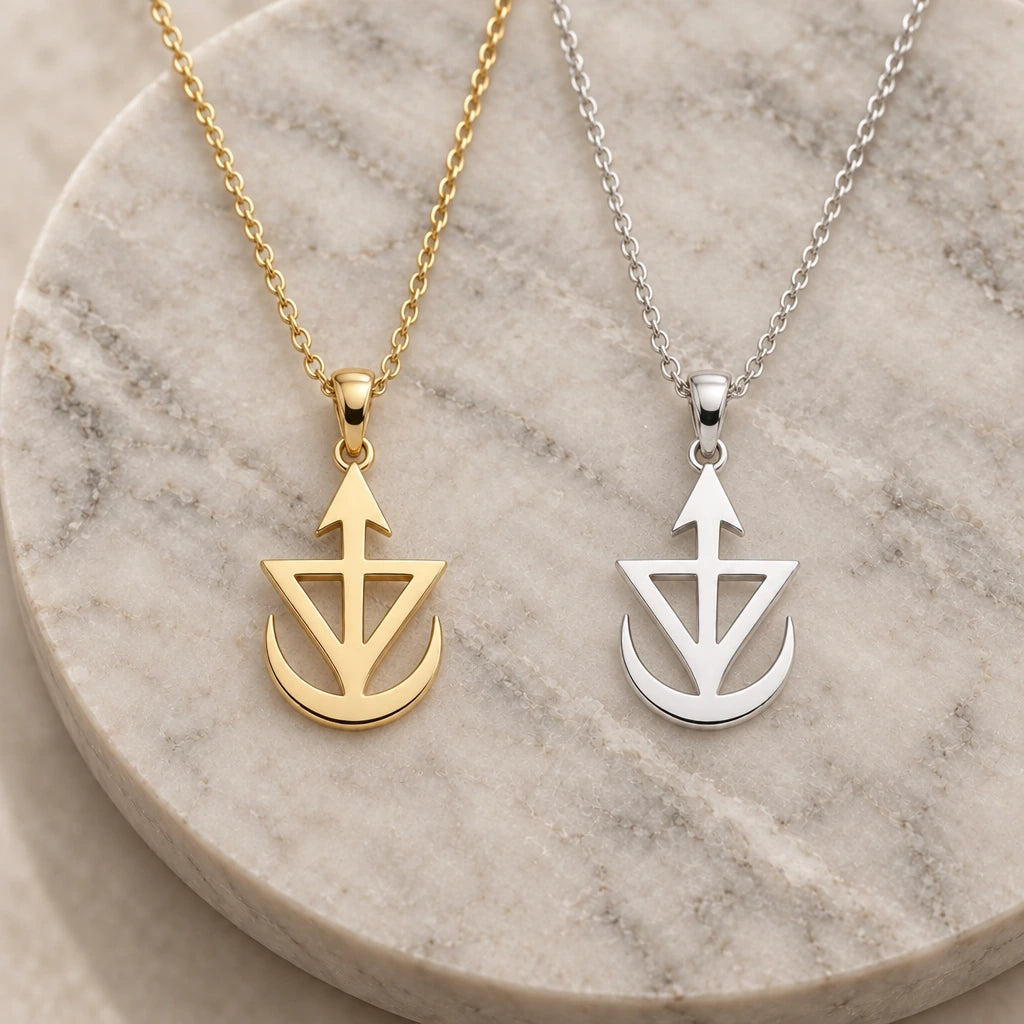 Jason Asteroid Symbol pendant necklace in silver and gold finishes side by side