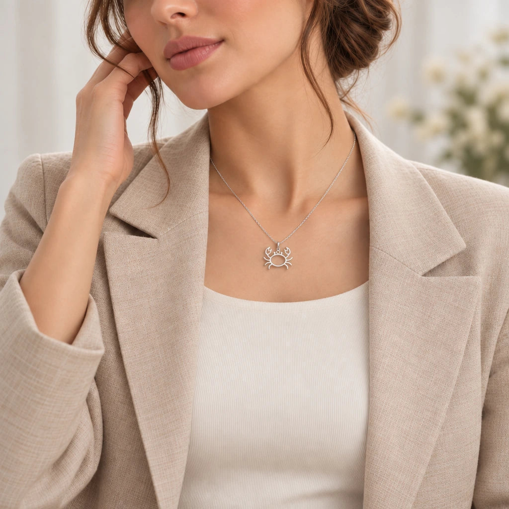 Crab Outline pendant necklace worn by a model, lifestyle photograph