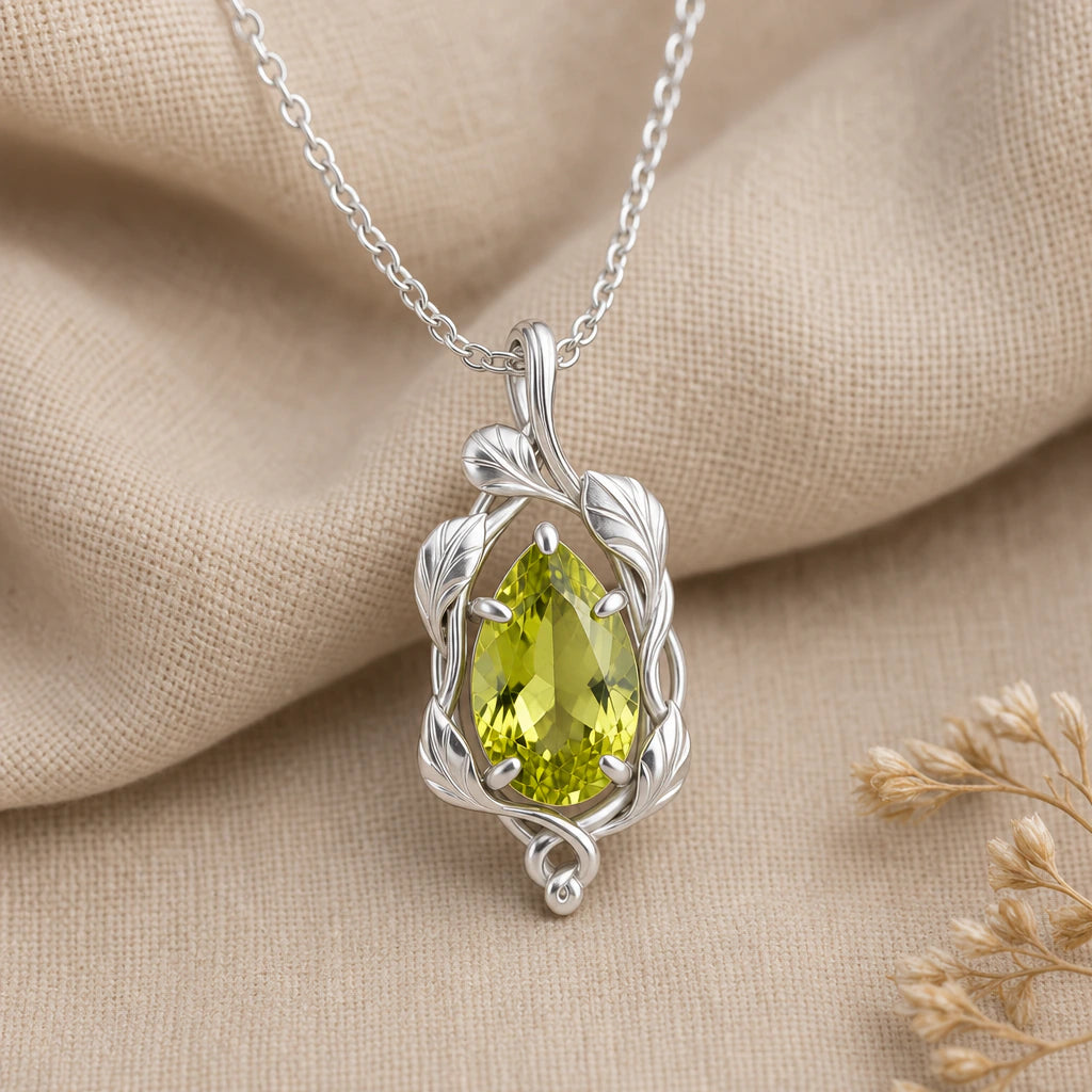Leaf Vine Pear Birthstone Pendant Necklace in sterling silver, second view