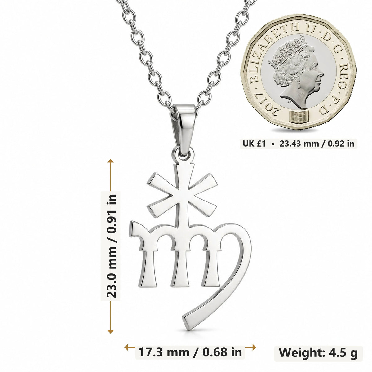 Astraea Asteroid Symbol pendant necklace size image showing 23.0 mm height, 17.3 mm width and 4.5 g weight