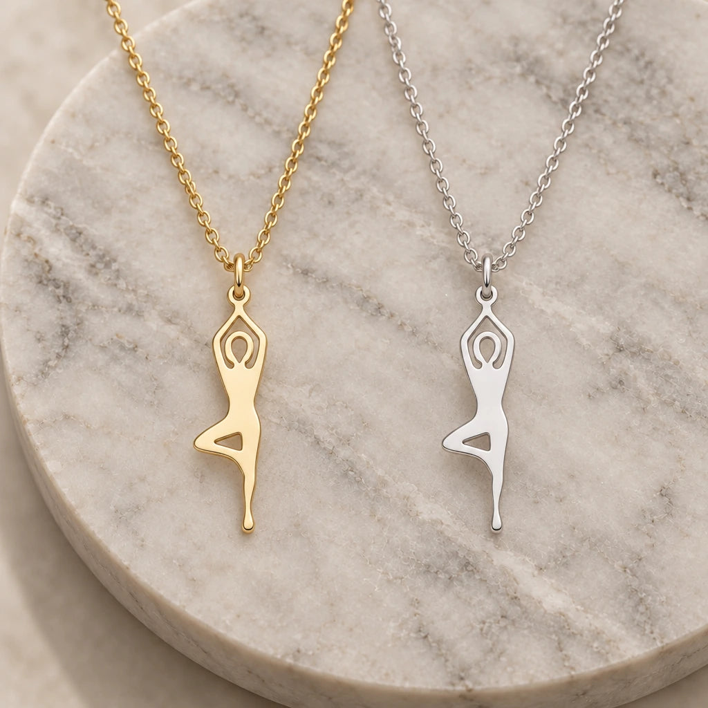 Yoga Tree Pose Outline pendant necklace in silver and gold finishes side by side