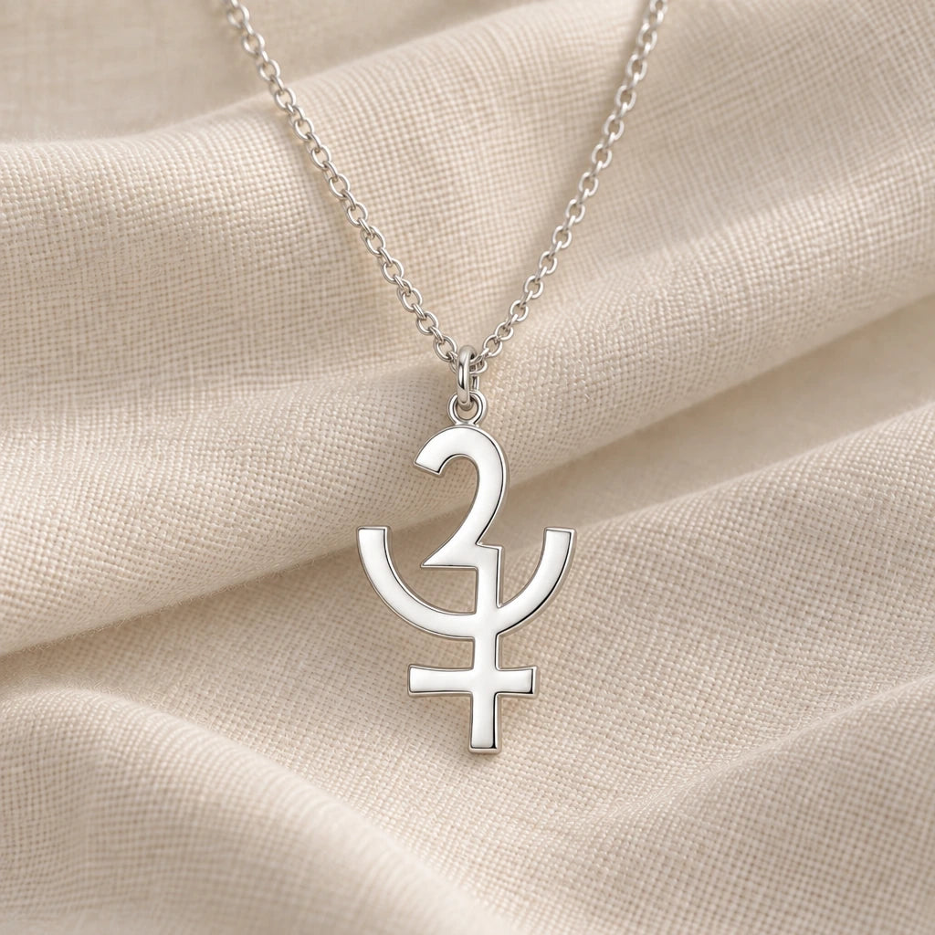925 sterling silver erinyes asteroid symbol pendant necklace on cream fabric