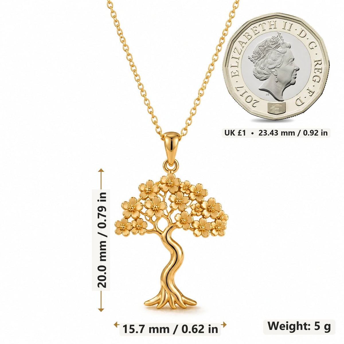 Sakura Bloom Tree pendant necklace size image showing 20.0 mm height, 15.7 mm width and 5 g weight