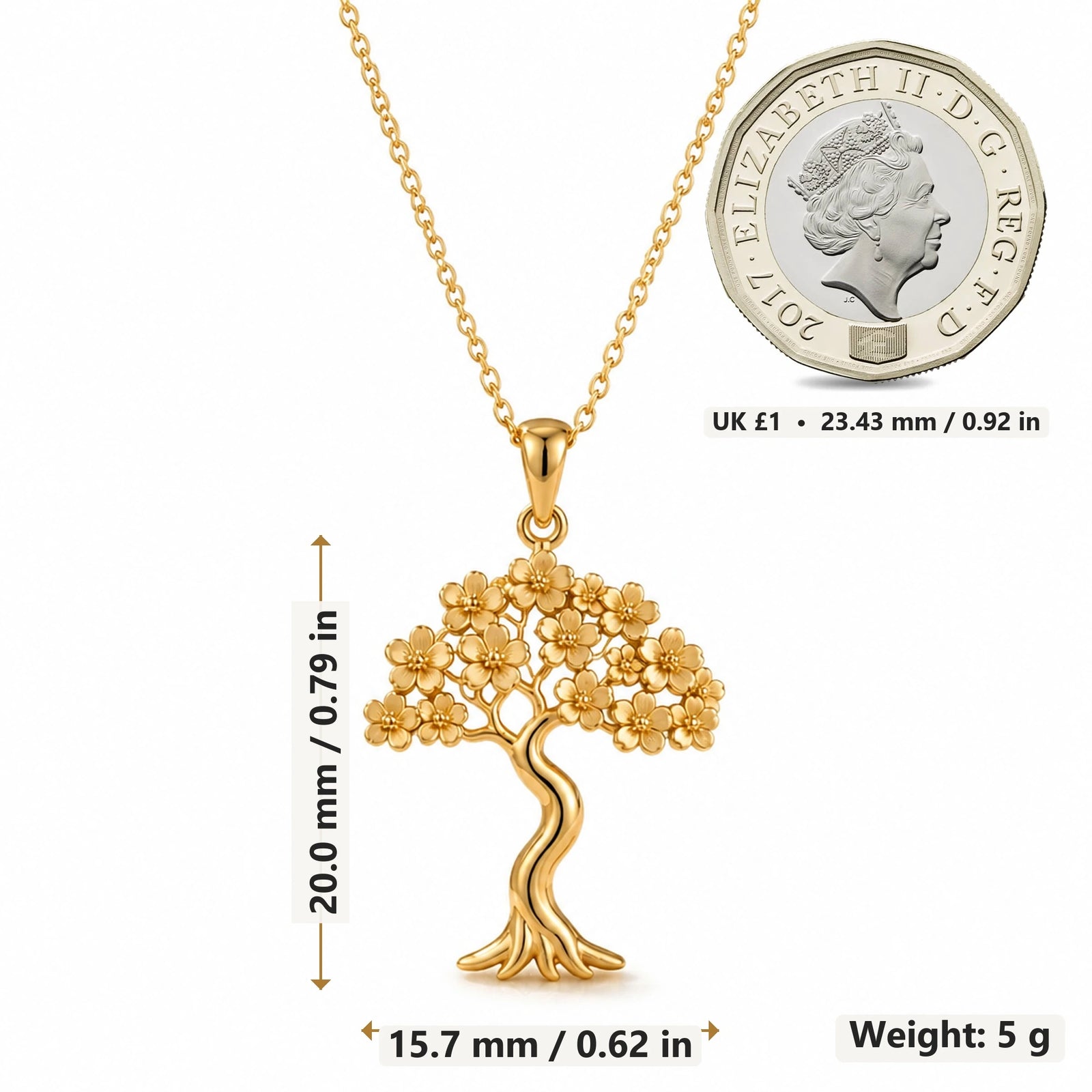 Sakura Bloom Tree pendant necklace size image showing 20.0 mm height, 15.7 mm width and 5 g weight