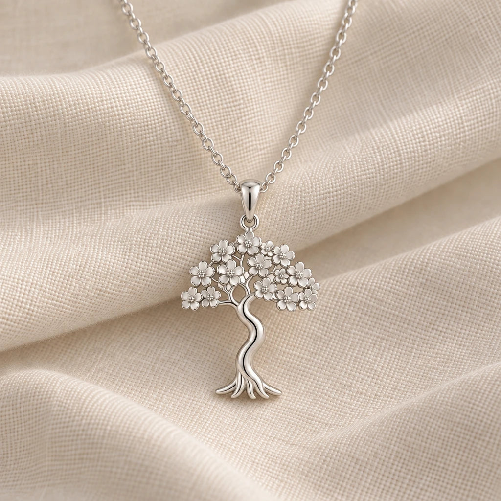 925 sterling silver sakura bloom tree pendant necklace on cream fabric