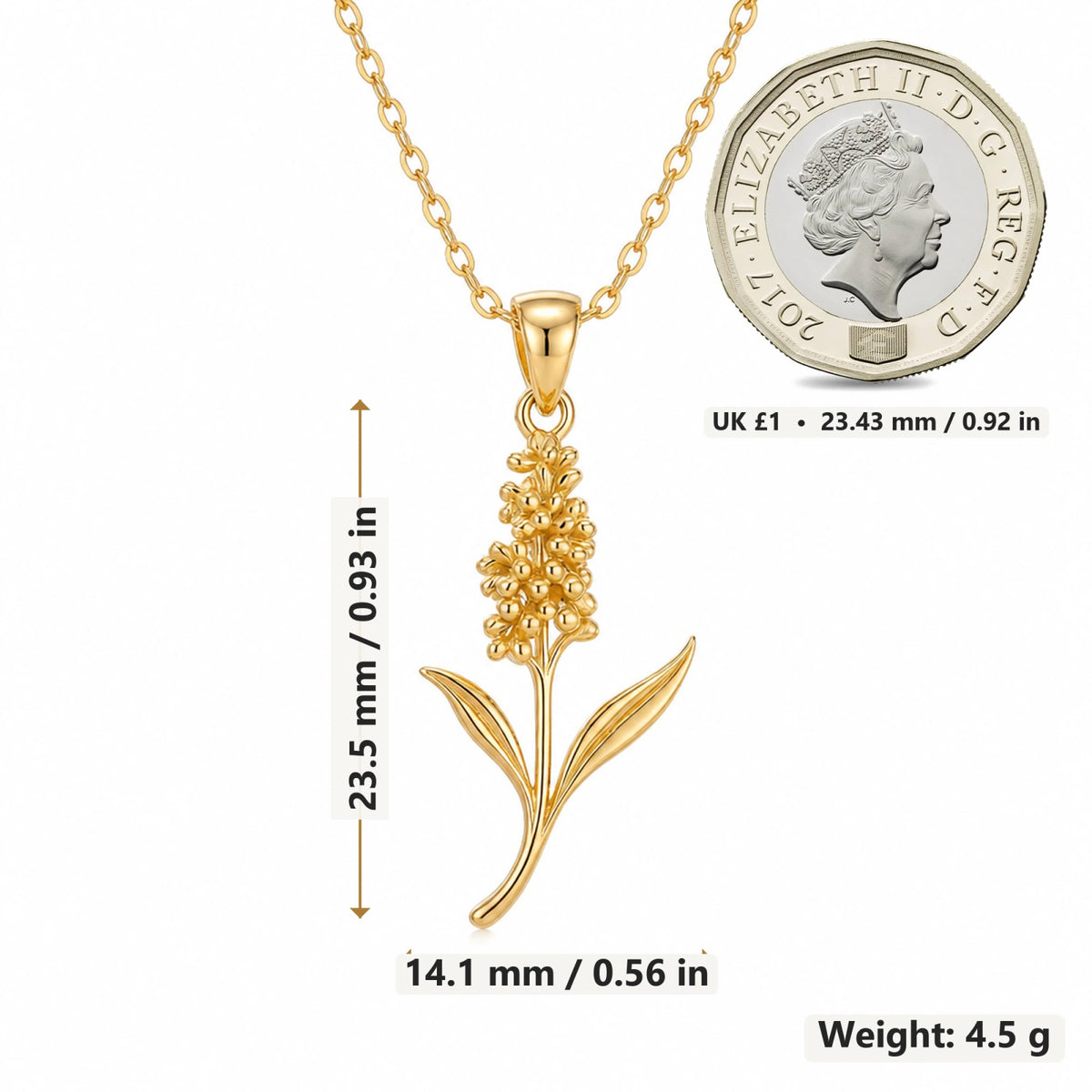 Hyacinth Flower pendant necklace size image showing 23.5 mm height and 14.1 mm width and 4.5 g weight