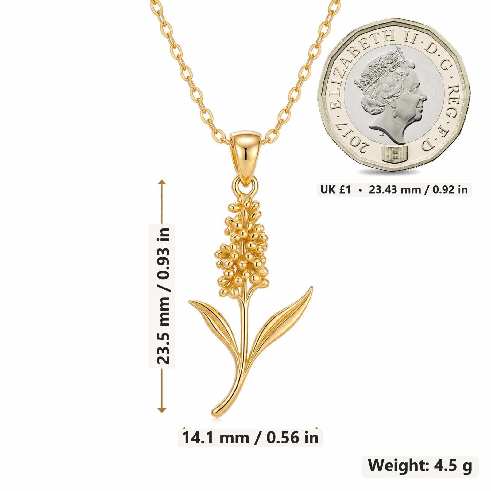 Hyacinth Flower pendant necklace size image showing 23.5 mm height and 14.1 mm width and 4.5 g weight
