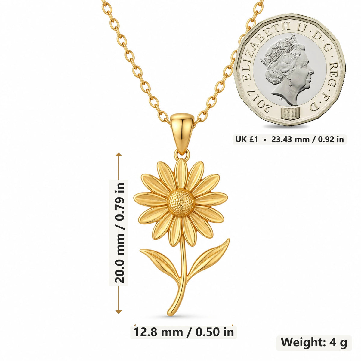 Black Eyed Susan Flower pendant necklace size image showing 20 mm height and 12.8 mm width and 4 g weight