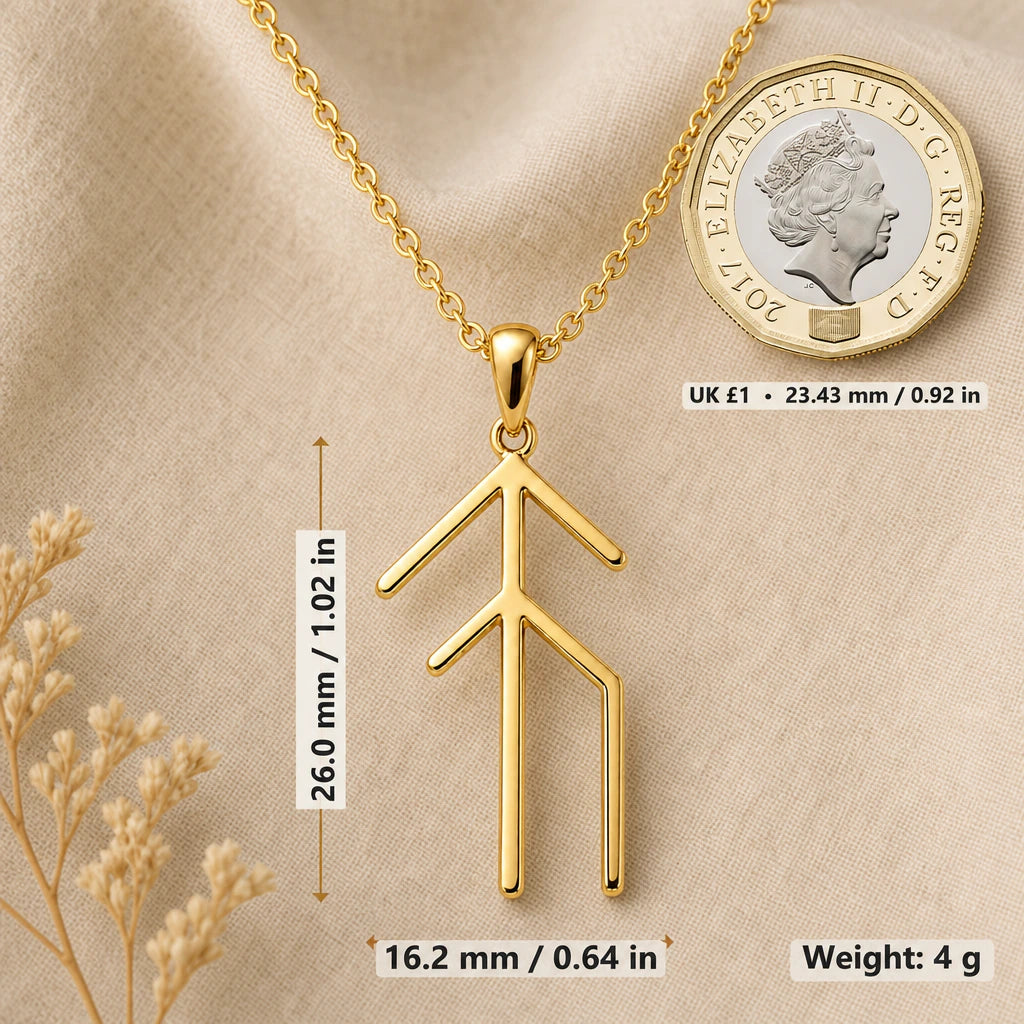 Viking Hope and New Beginnings Rune Pendant Necklace size guide, 26 by 16.2 mm