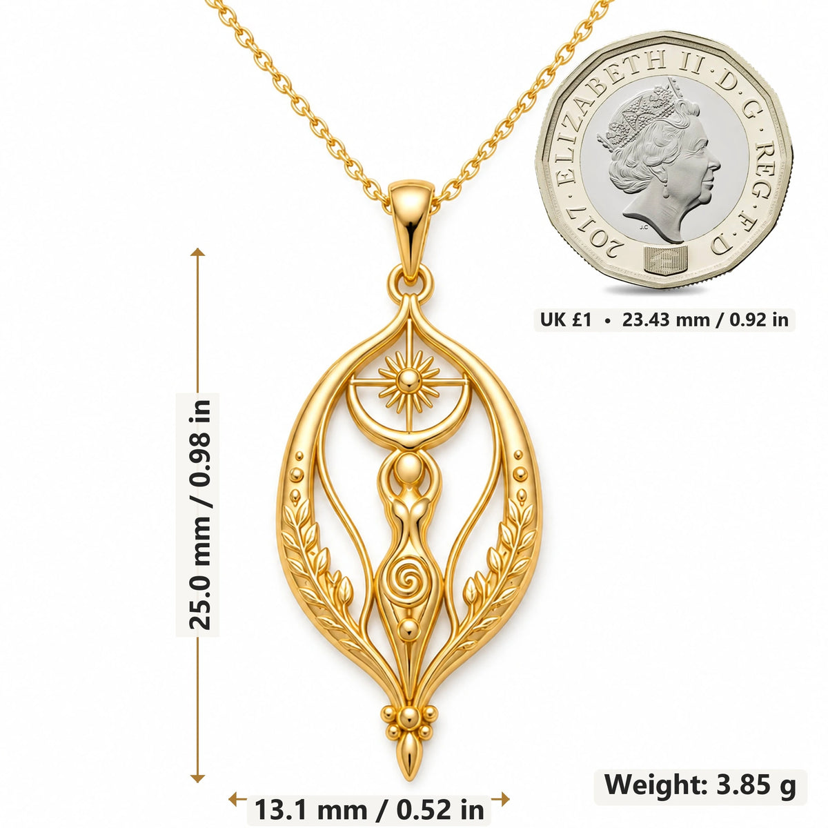 Sacred Womb Goddess pendant necklace size image showing 25.0 mm height, 13.1 mm width and 3.85 g weight