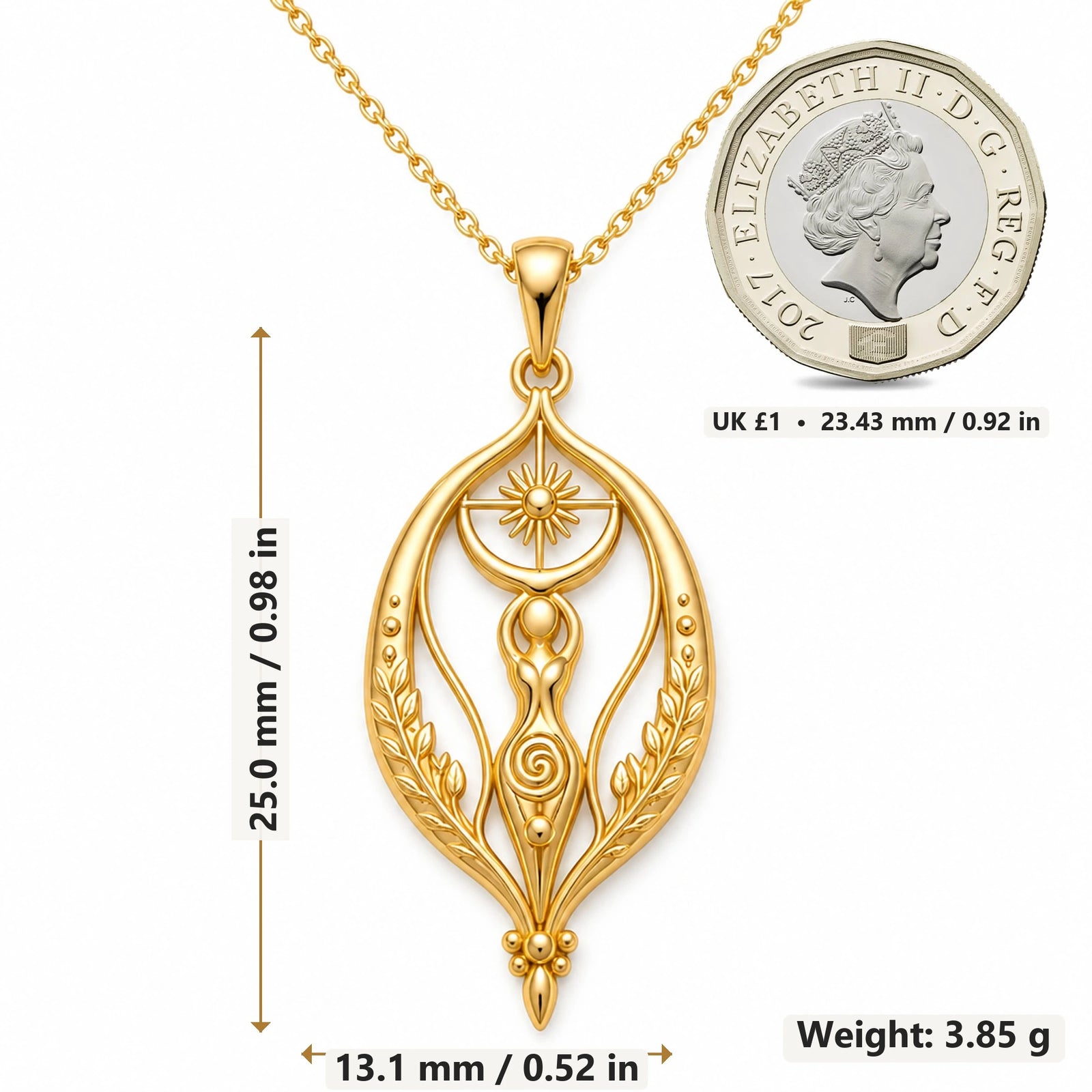 Sacred Womb Goddess pendant necklace size image showing 25.0 mm height, 13.1 mm width and 3.85 g weight