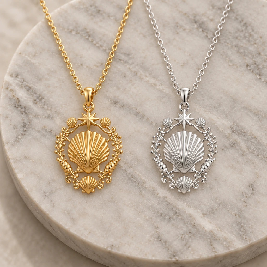 Shell Halo pendant necklace in silver and gold finishes side by side
