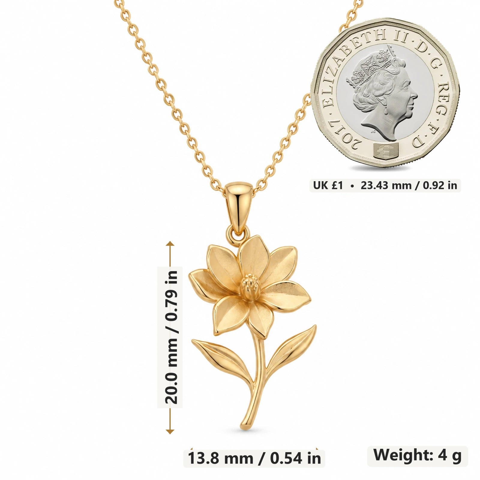 Magnolia Flower pendant necklace size image showing 20 mm height and 13.8 mm width and 4 g weight