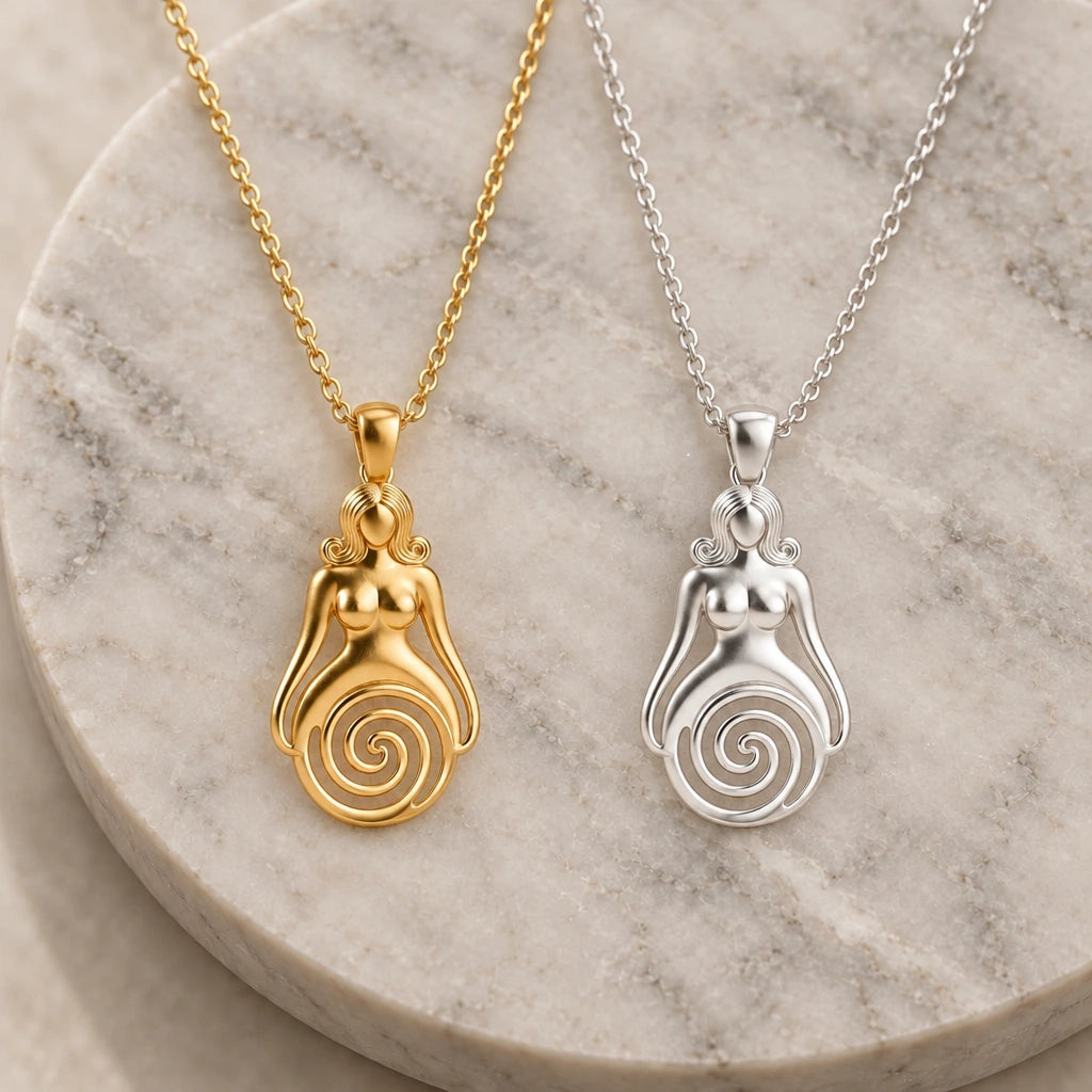 Spiral Goddess pendant necklace in silver and gold finishes side by side